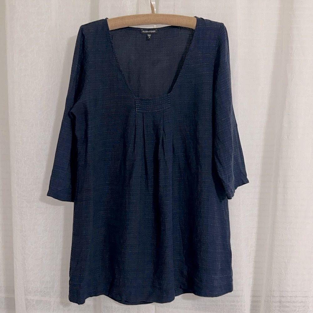 EILEEN FISHER M NAVY U-NECK LINEN BLEND TUNIC